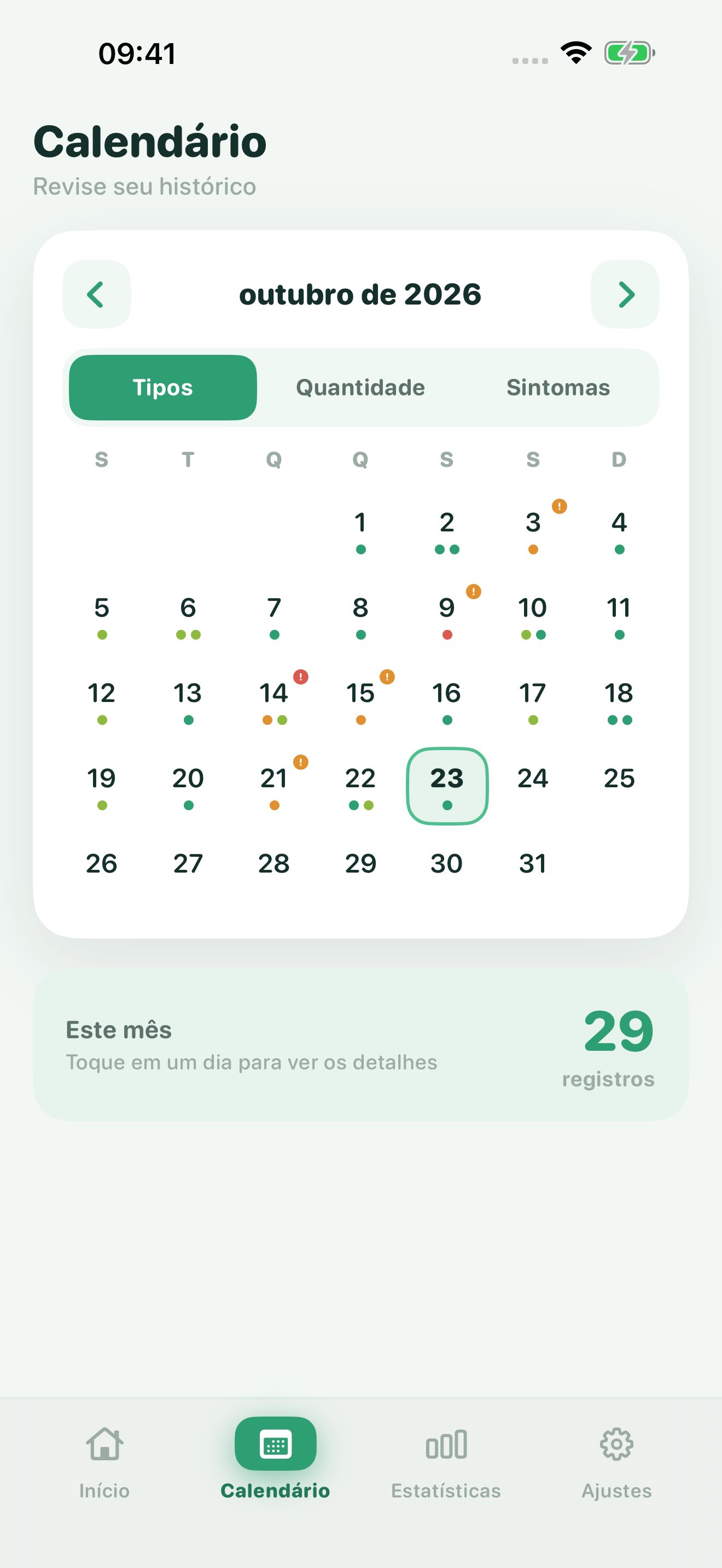 Calendário do Poopwell de um mês. Cada dia tem pontos coloridos com seus tipos de Bristol, e alguns pontos laranja e vermelhos marcam dias que pedem atenção.