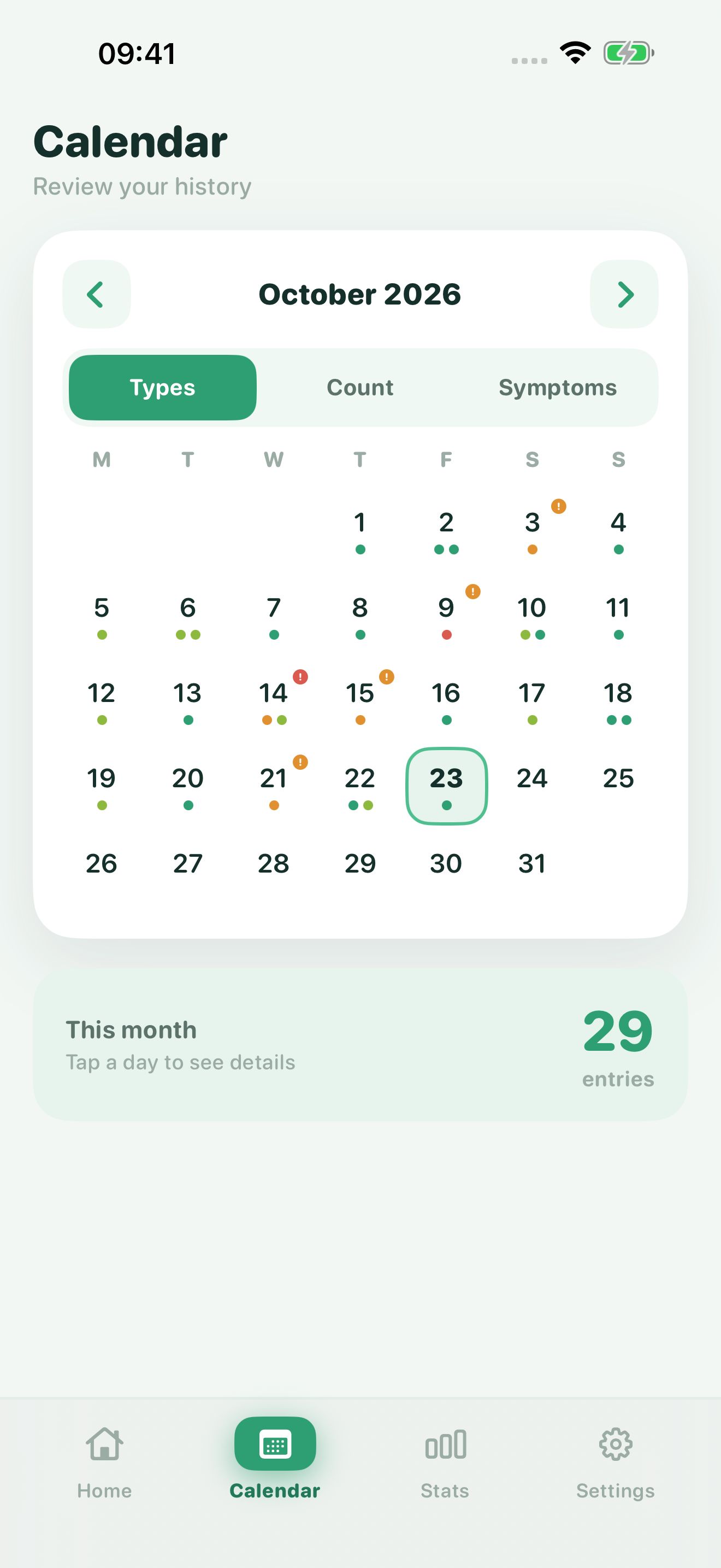Poopwell calendar for one month. Each day has colored dots for its Bristol types, with a few orange and red dots marking days that need attention.