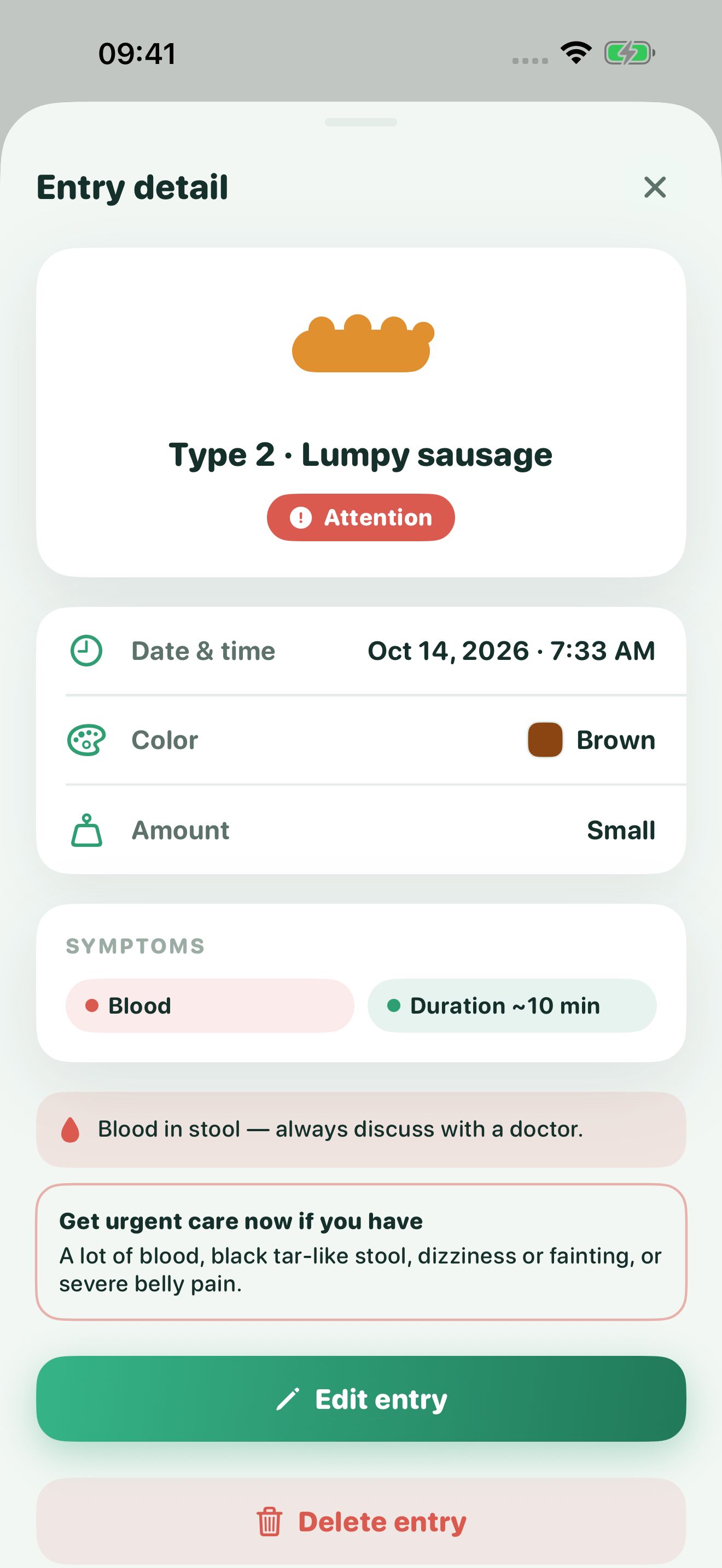 Poopwell entry detail for a type 2 stool marked Attention. Symptoms show blood, with a warning to discuss it with a doctor and a list of signs that need urgent care.