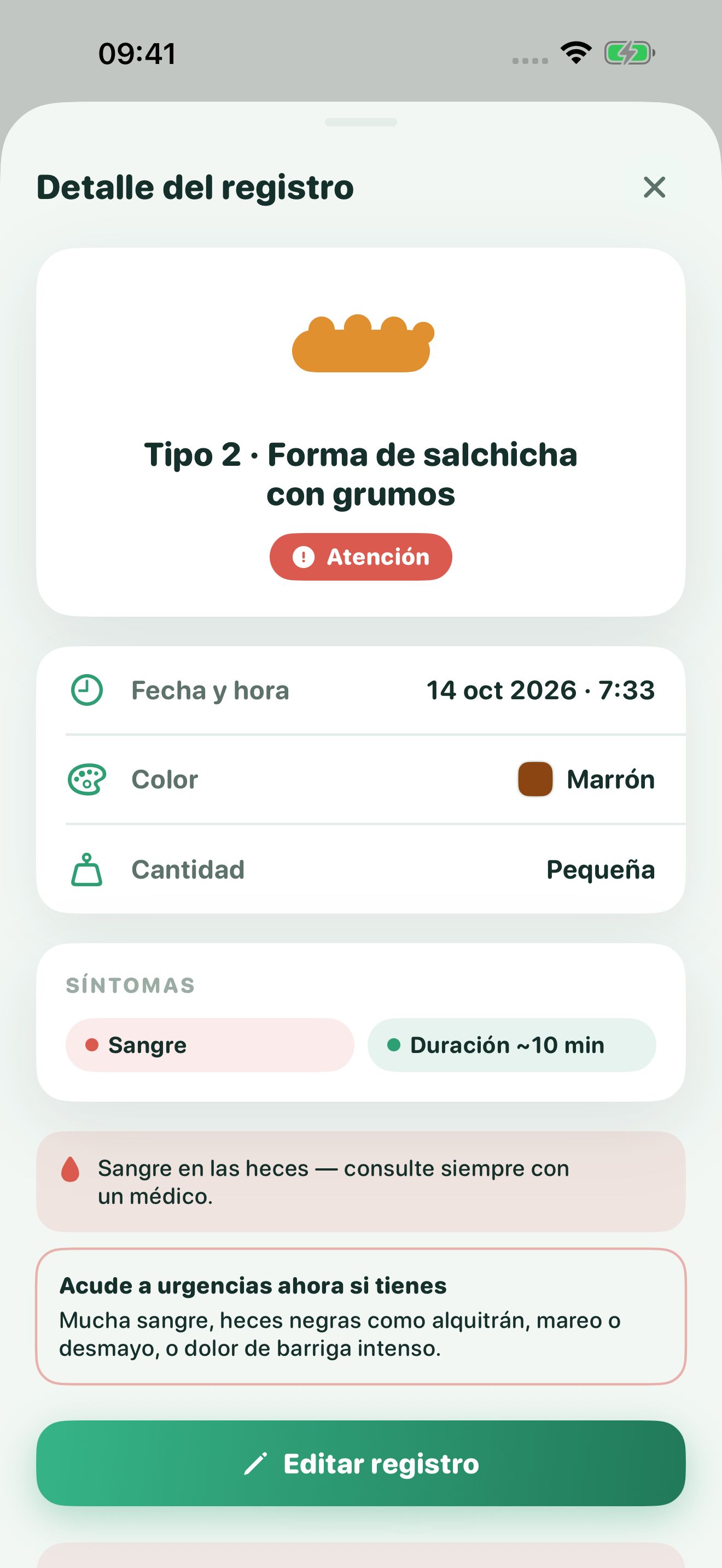 Detalle de un registro tipo 2 en Poopwell marcado como Atención. Los síntomas muestran sangre, con un aviso para consultarlo con un médico y una lista de señales que requieren atención urgente.
