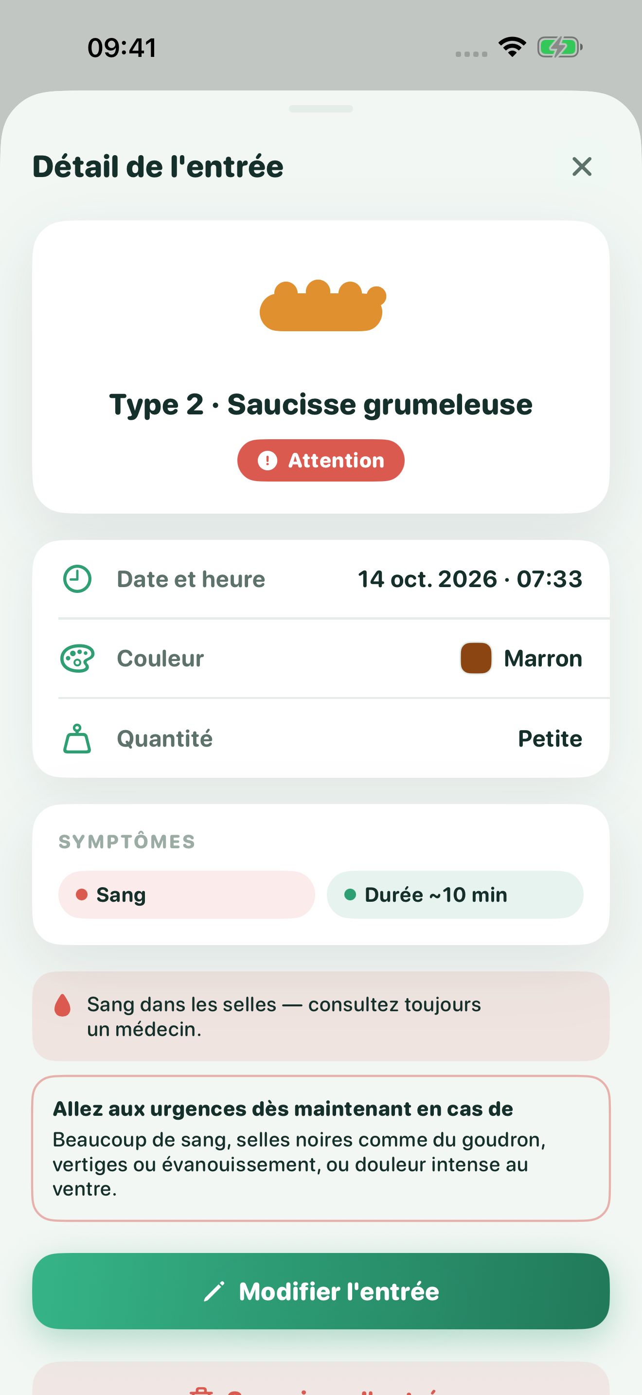 Détail d'une entrée Poopwell de type 2 marquée Attention. Les symptômes indiquent du sang, avec un conseil d'en parler à un médecin et la liste des signes qui demandent des soins urgents.