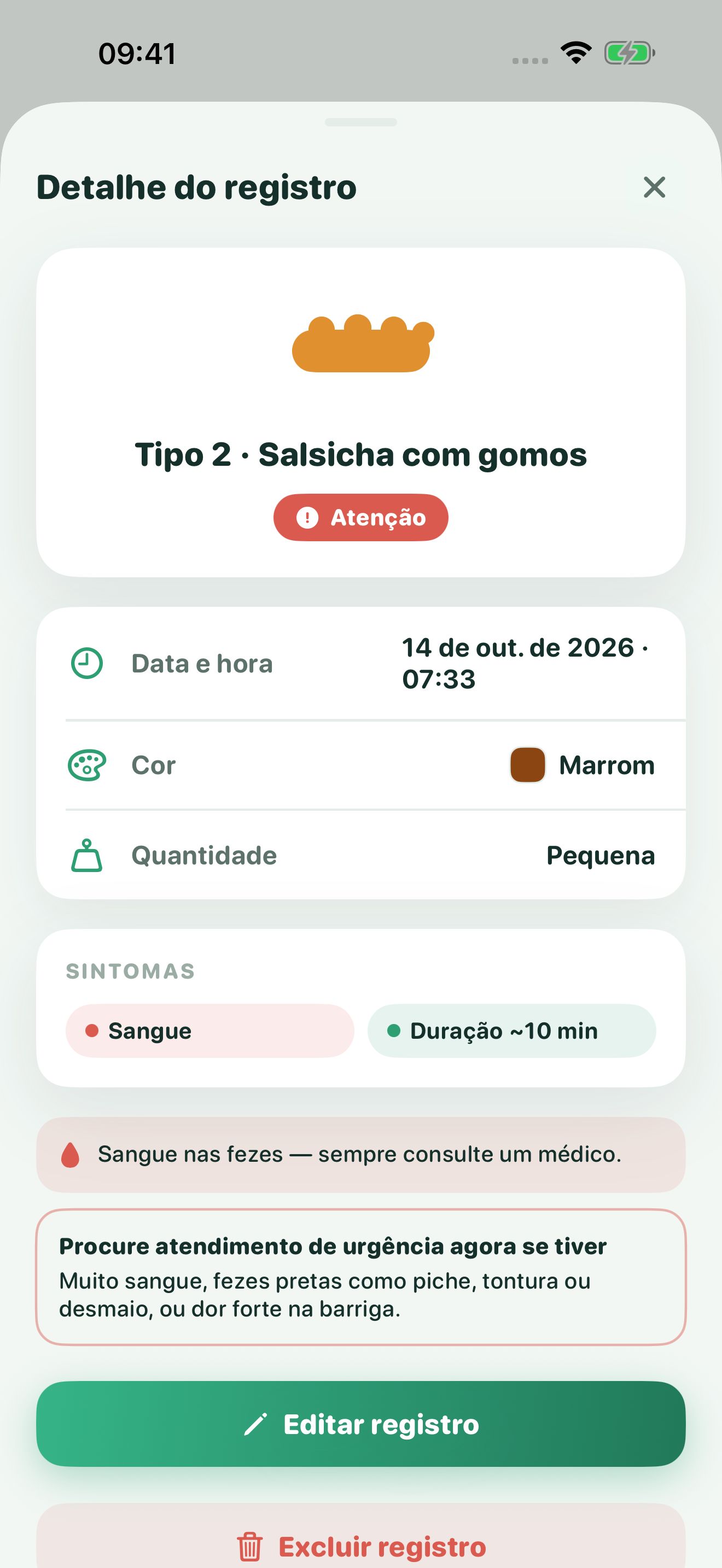 Detalhe de um registro tipo 2 no Poopwell marcado como Atenção. Os sintomas mostram sangue, com um aviso para conversar com um médico e uma lista de sinais que pedem atendimento urgente.