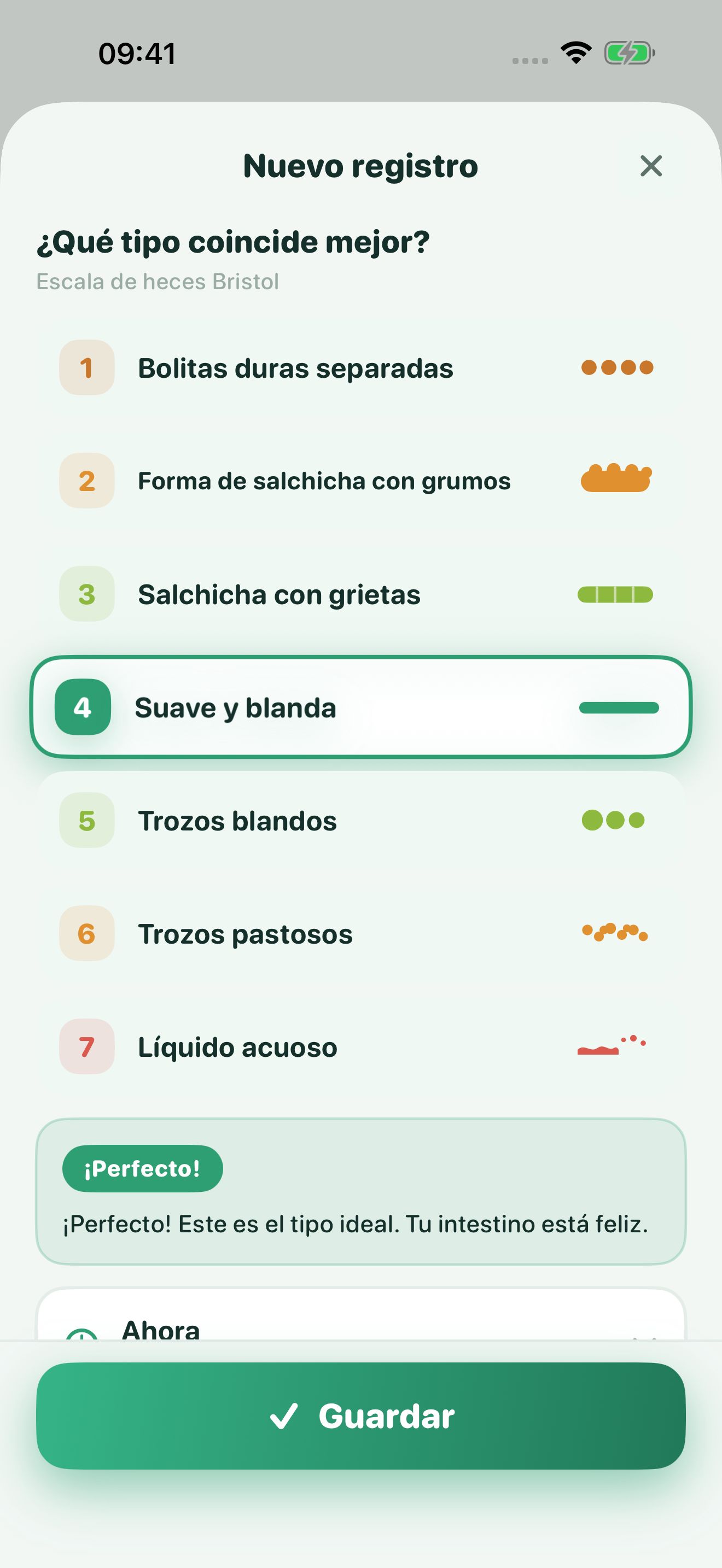 Pantalla Nuevo registro de Poopwell: los siete tipos de Bristol, de 'Bolitas duras separadas' a 'Líquido acuoso', con el tipo 4 'Suave y blanda' seleccionado.