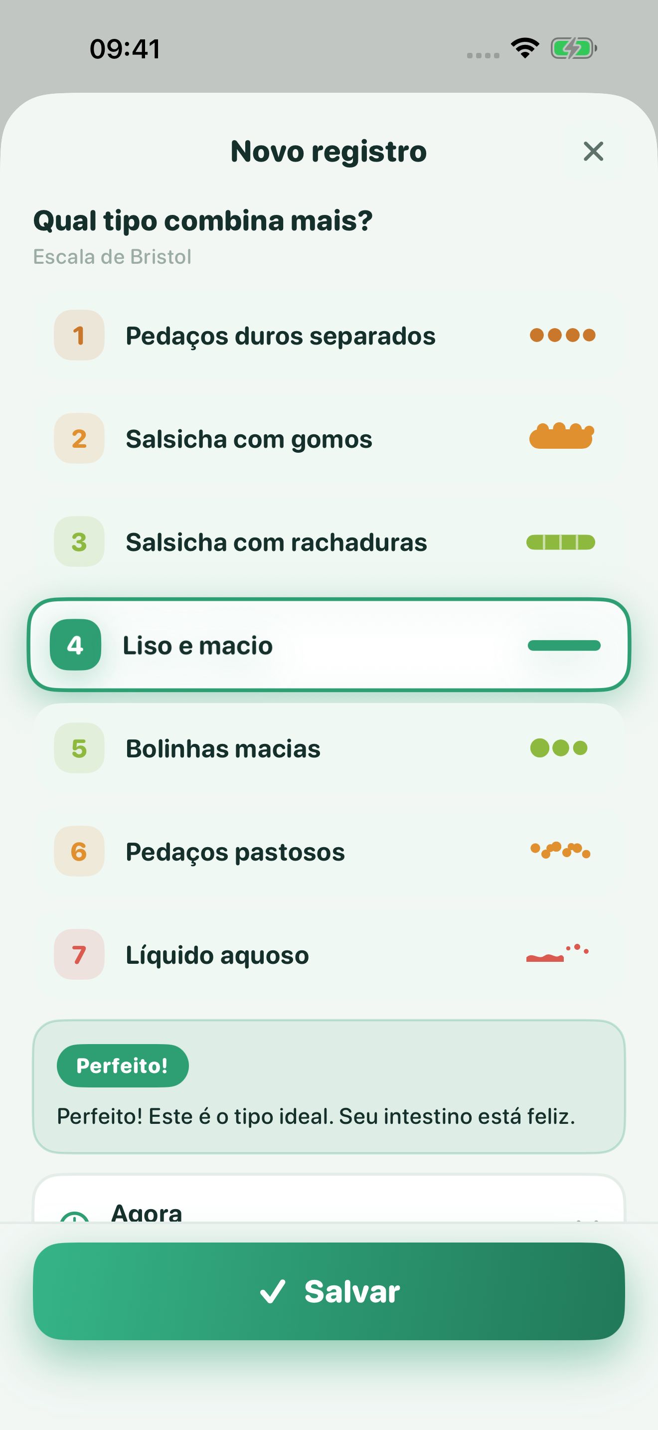 Tela Novo registro do Poopwell: os sete tipos da escala de Bristol, de 'Pedaços duros separados' a 'Líquido aquoso', com o tipo 4 'Liso e macio' selecionado.