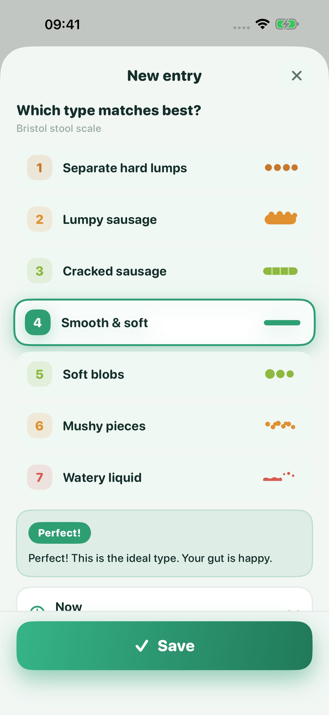Poopwell's New entry screen: the seven Bristol stool types listed from 'Separate hard lumps' to 'Watery liquid', with type 4 'Smooth & soft' selected.