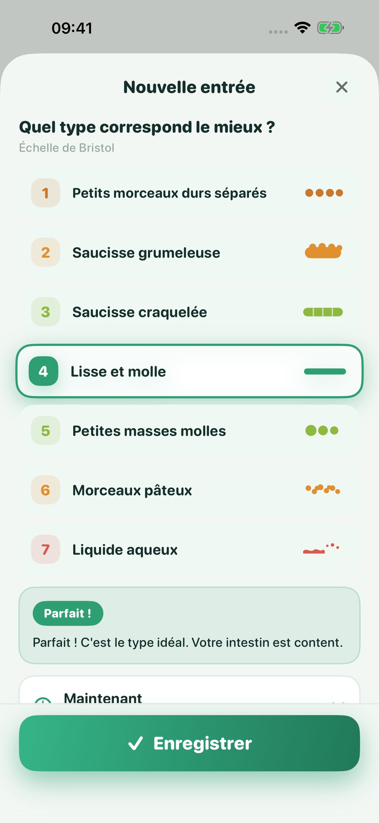 Écran Nouvelle entrée de Poopwell : les sept types de Bristol, de « Petits morceaux durs séparés » à « Liquide aqueux », avec le type 4 « Lisse et molle » sélectionné.