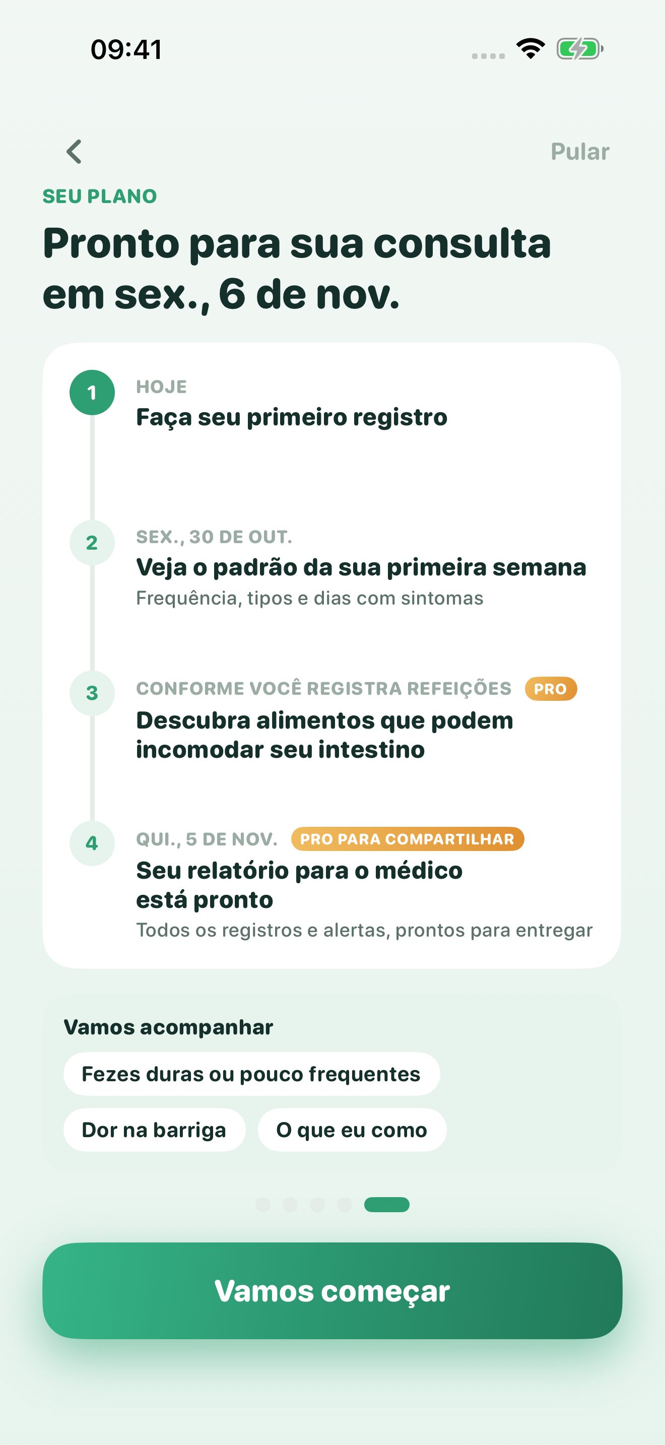 Tela de plano do Poopwell: pronto para a consulta, com quatro etapas do primeiro registro até o relatório para o médico.