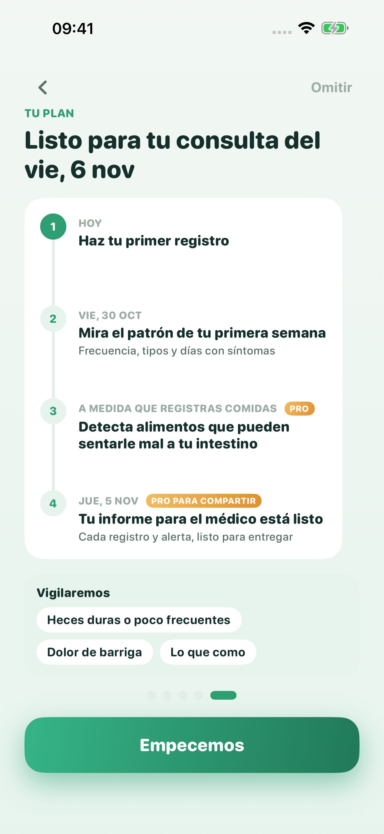 Pantalla del plan de Poopwell: listo para tu consulta, con cuatro pasos desde el primer registro hasta el informe para el médico.
