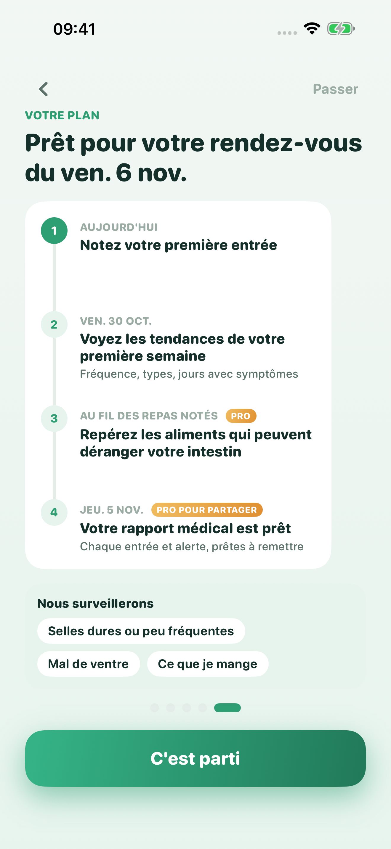 Écran de programme de Poopwell : prêt pour votre rendez-vous, en quatre étapes de la première entrée au rapport médical.