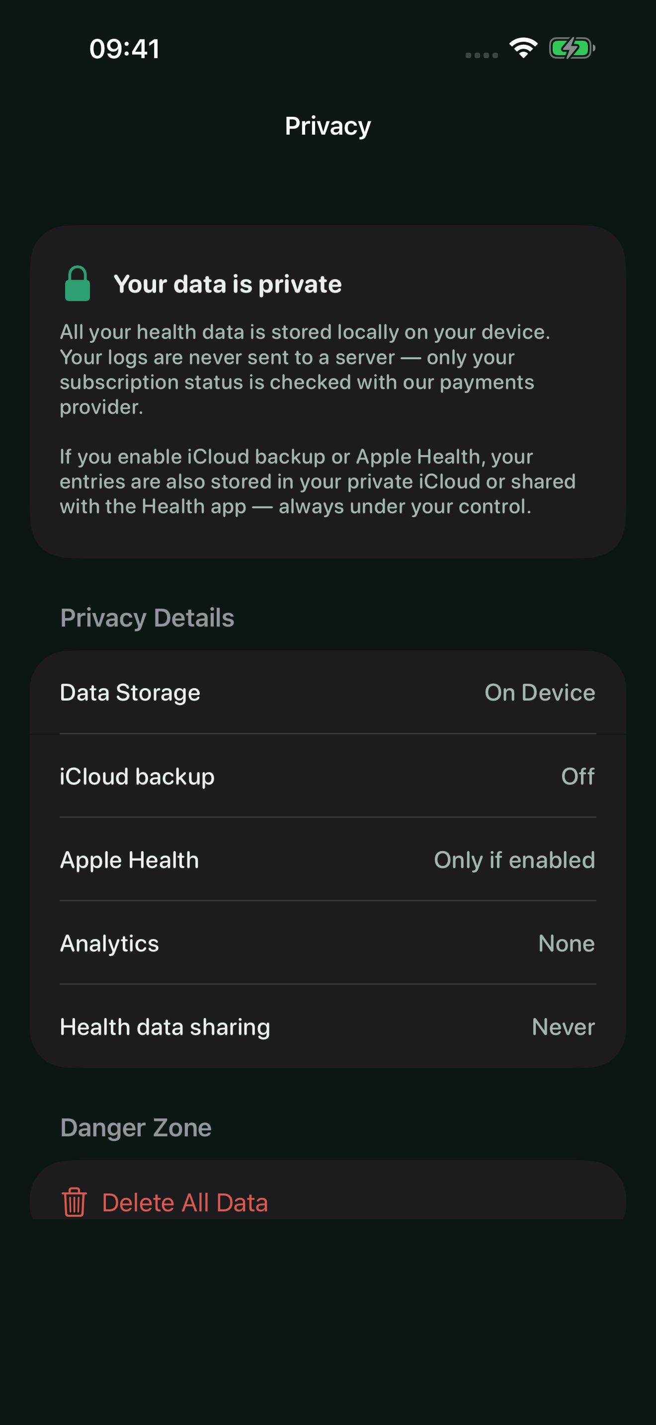Poopwell privacy screen in dark mode: all health data is stored on the device. Analytics: none. Health data sharing: never.