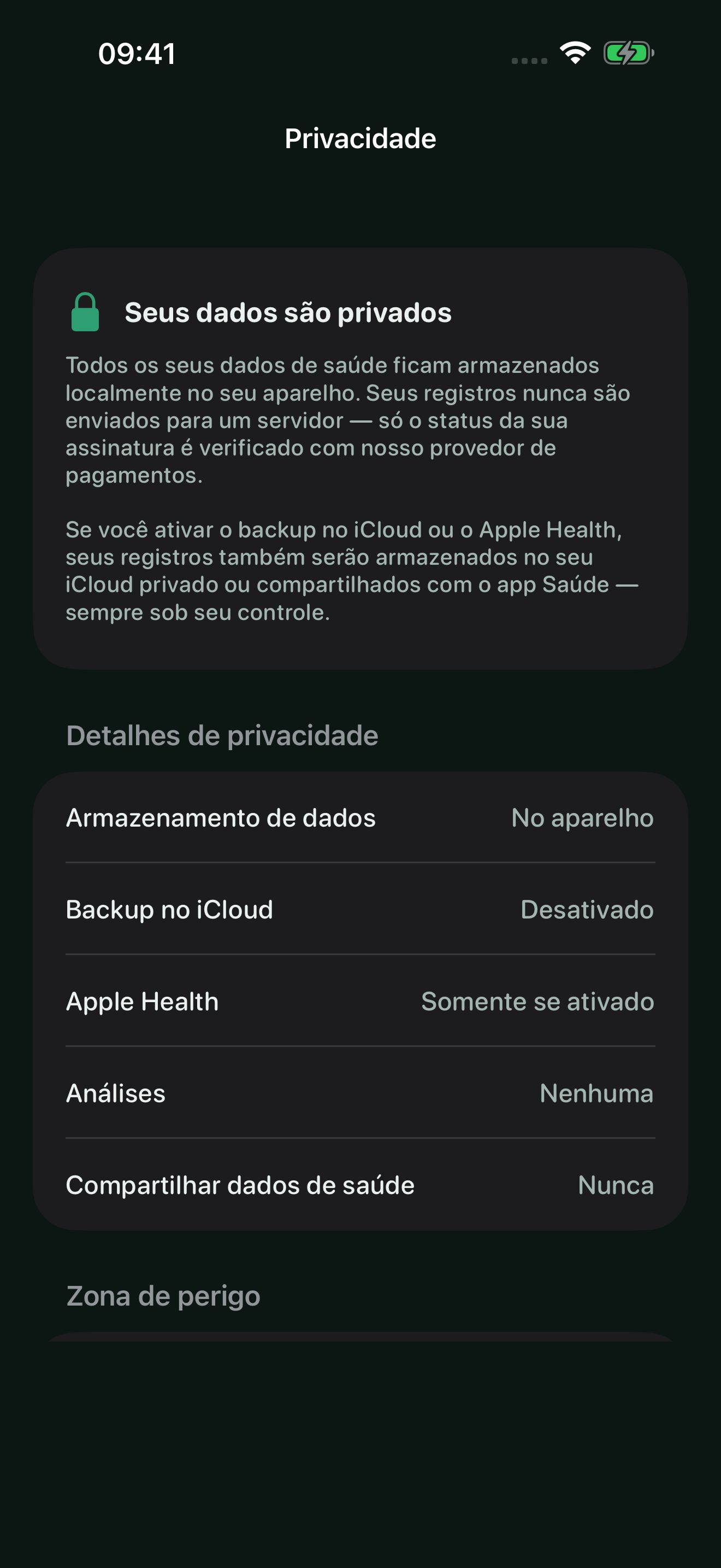 Tela de privacidade do Poopwell no modo escuro: todos os dados de saúde ficam no aparelho. Análises: nenhuma. Compartilhamento de dados de saúde: nunca.