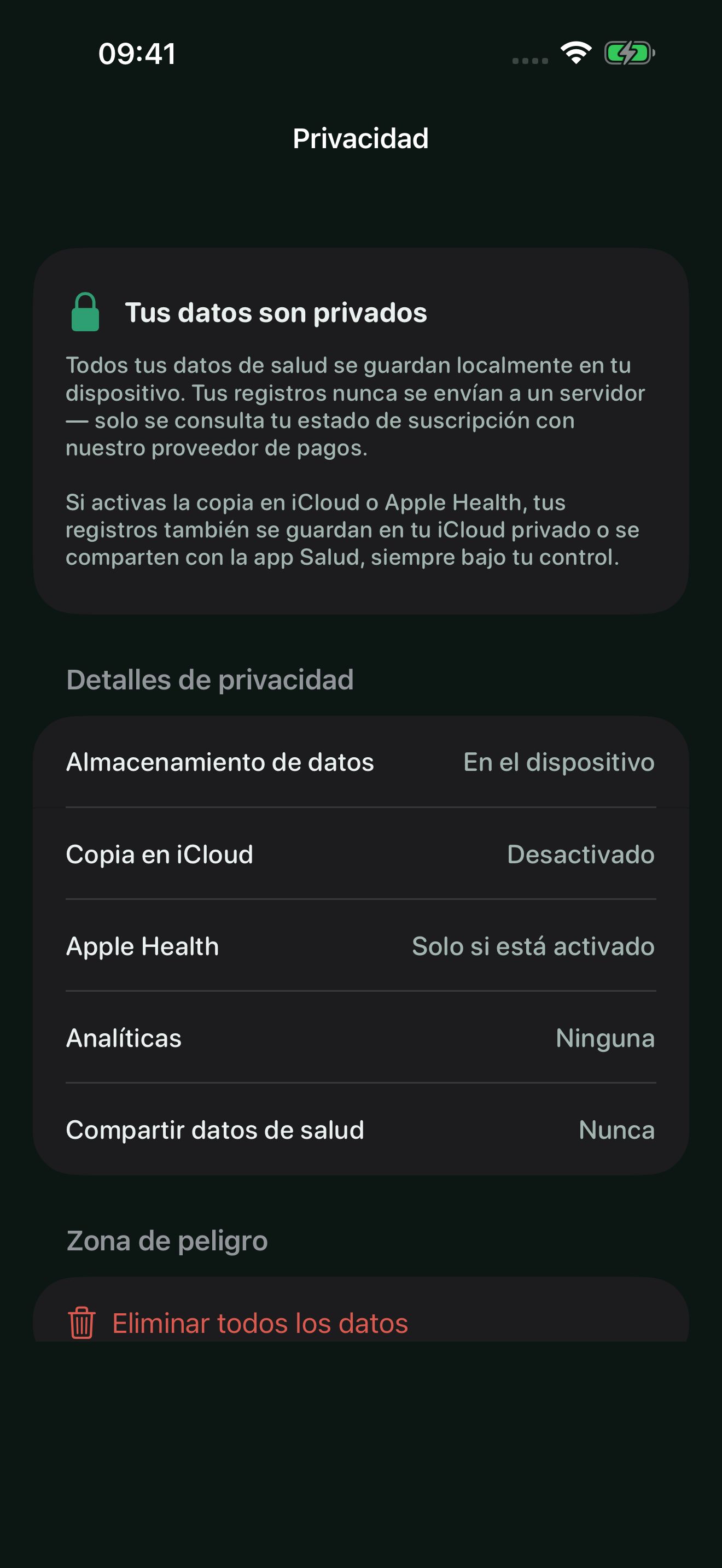 Pantalla de privacidad de Poopwell en modo oscuro: todos los datos de salud se guardan en el dispositivo. Analíticas: ninguna. Compartir datos de salud: nunca.