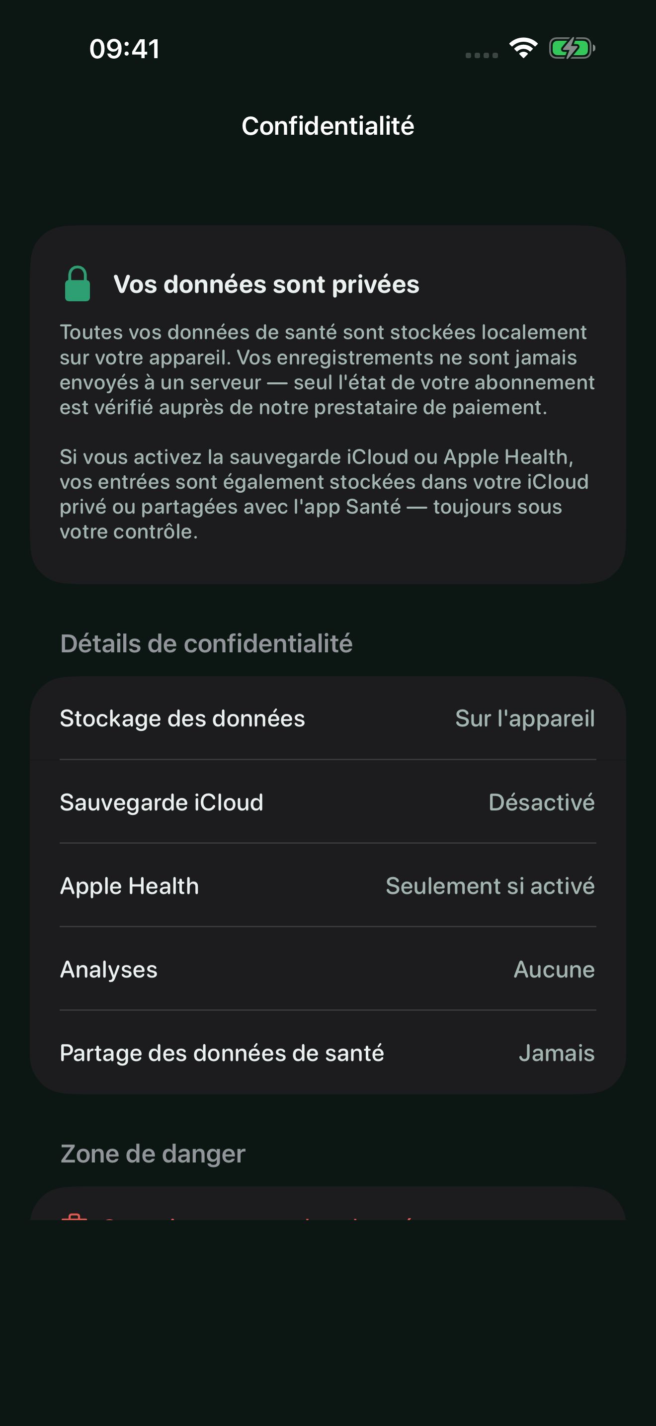 Écran de confidentialité de Poopwell en mode sombre : toutes les données de santé sont stockées sur l'appareil. Statistiques : aucune. Partage des données de santé : jamais.